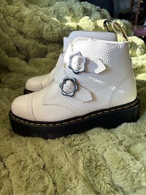 Dr. Martens White Leather Flower Platform Boots
